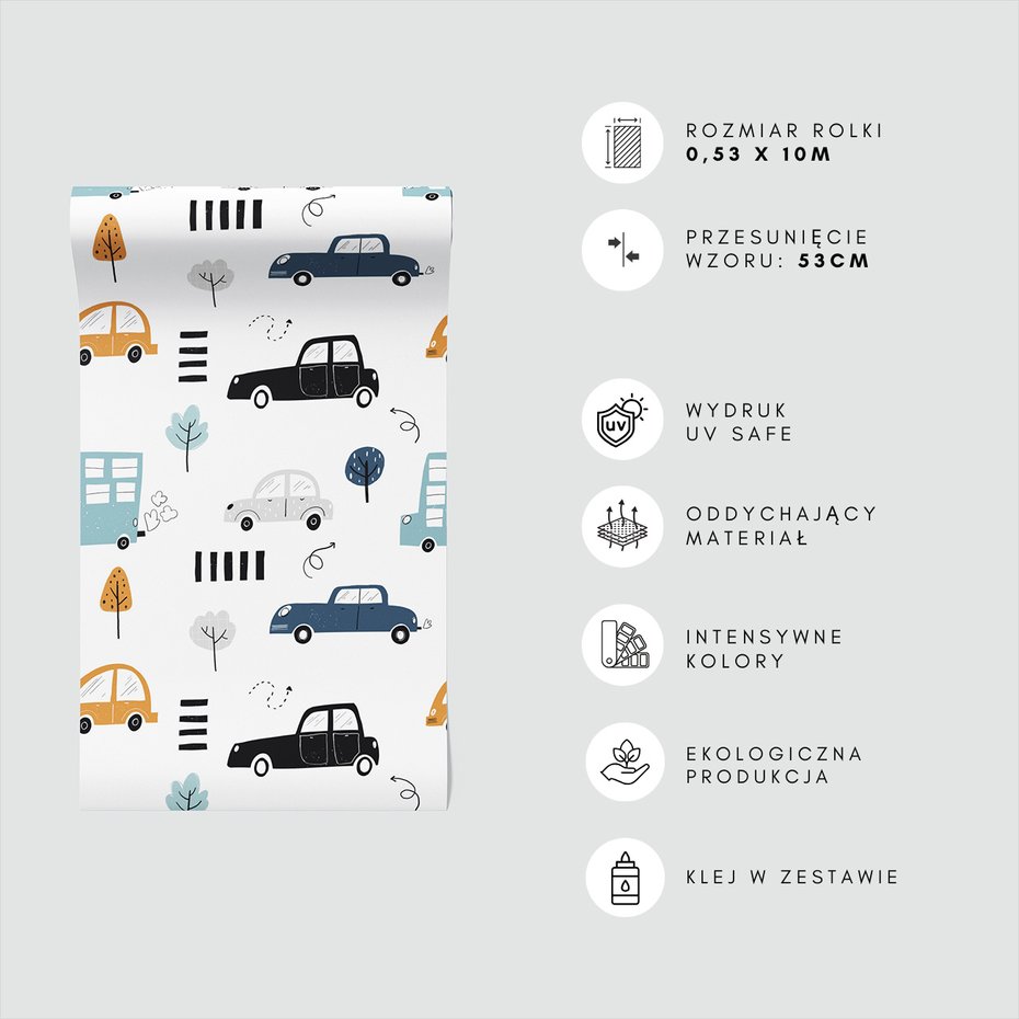 Tapeta - dziecięca, samochody, drzewa, pasy