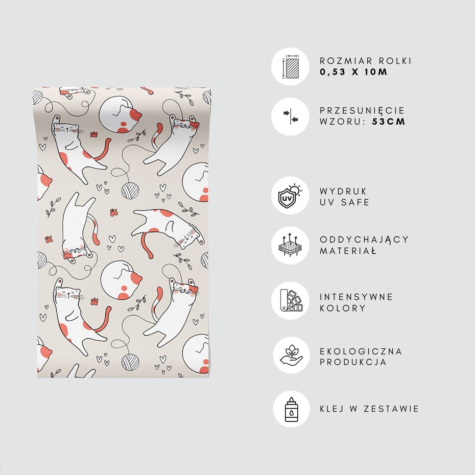 Tapeta - dziecięca, koty, serca, kwiaty