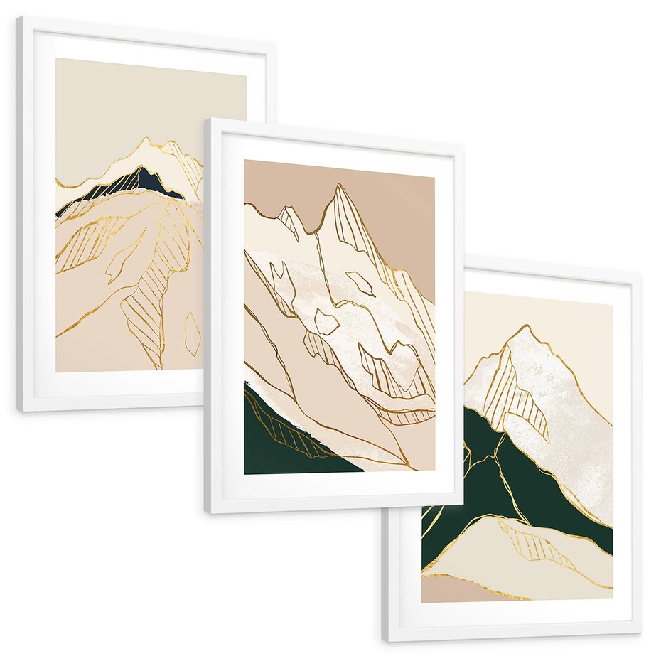 Zestaw obrazy w ramie, plakaty - góry, abstrakcja, złoto - rama biała