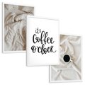 Zestaw obrazy w ramie, plakaty - pościel, kawa, relaks - rama biała
