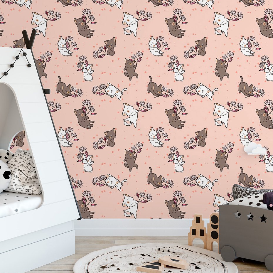 Tapeta - dziecięca, koty, kwiaty,