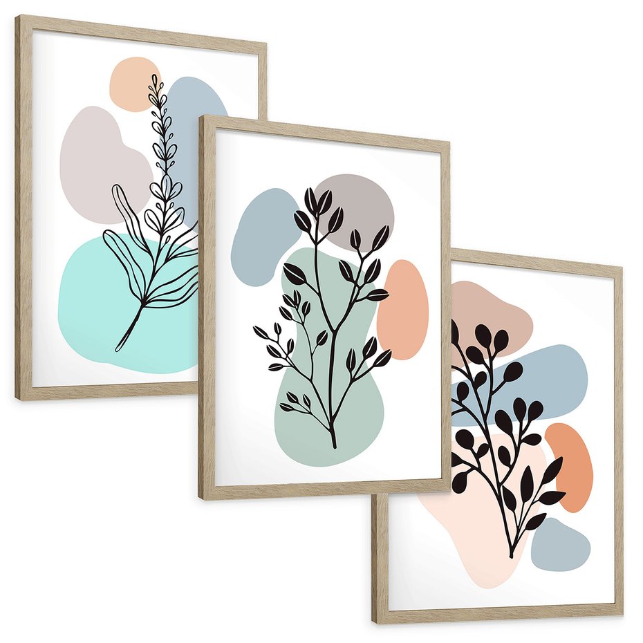 Zestaw obrazy w ramie, plakaty - liście, gałązki, abstrakcja - rama drewno