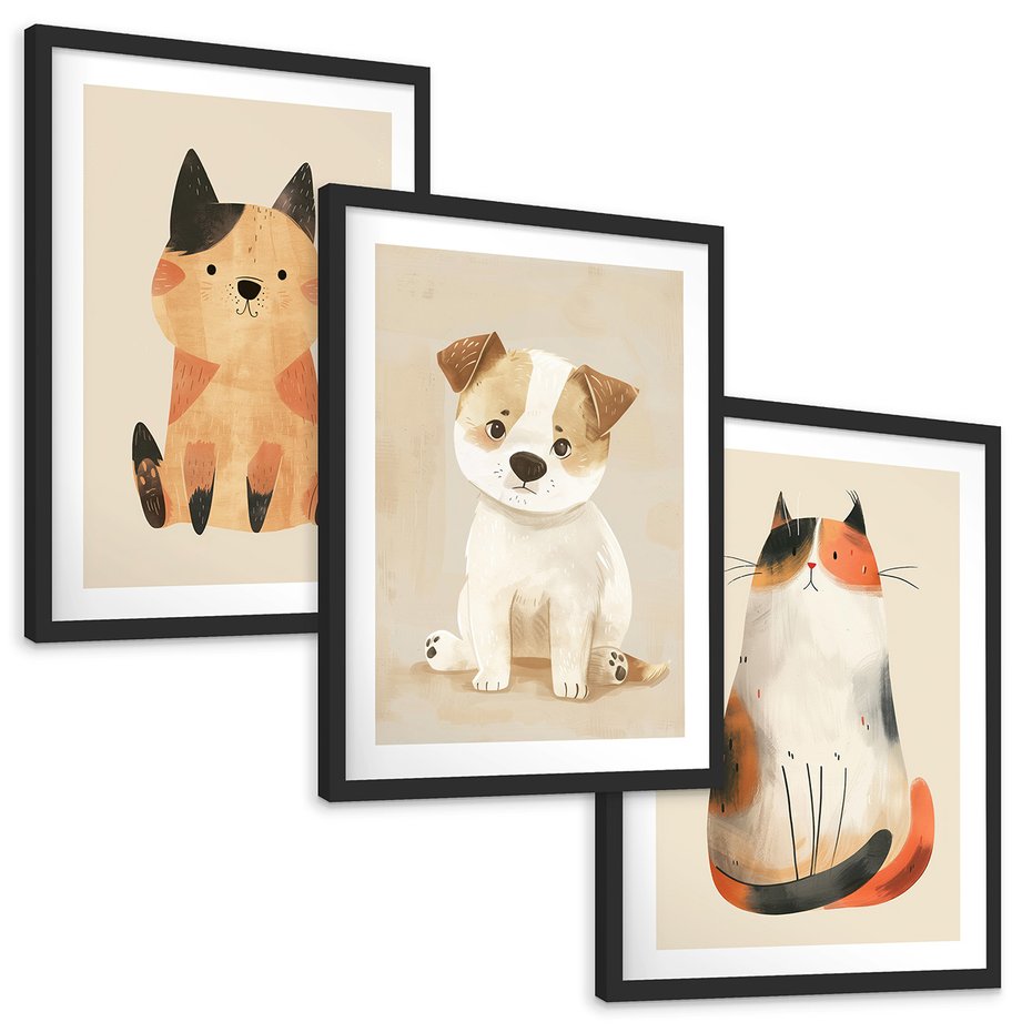 Zestaw obrazy w ramie, plakaty - zwierzęta, kot, pies - rama czarna