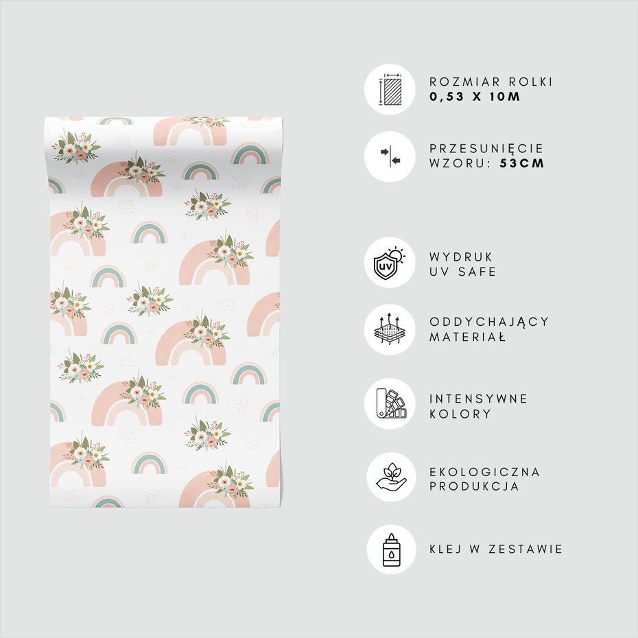 Tapeta - dziecięca, kwiaty, tęcza,