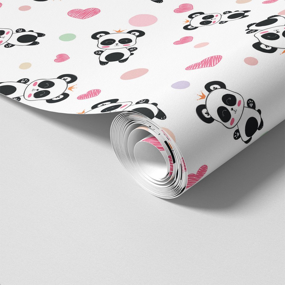 Tapeta - dziecięca, panda, serca, korony