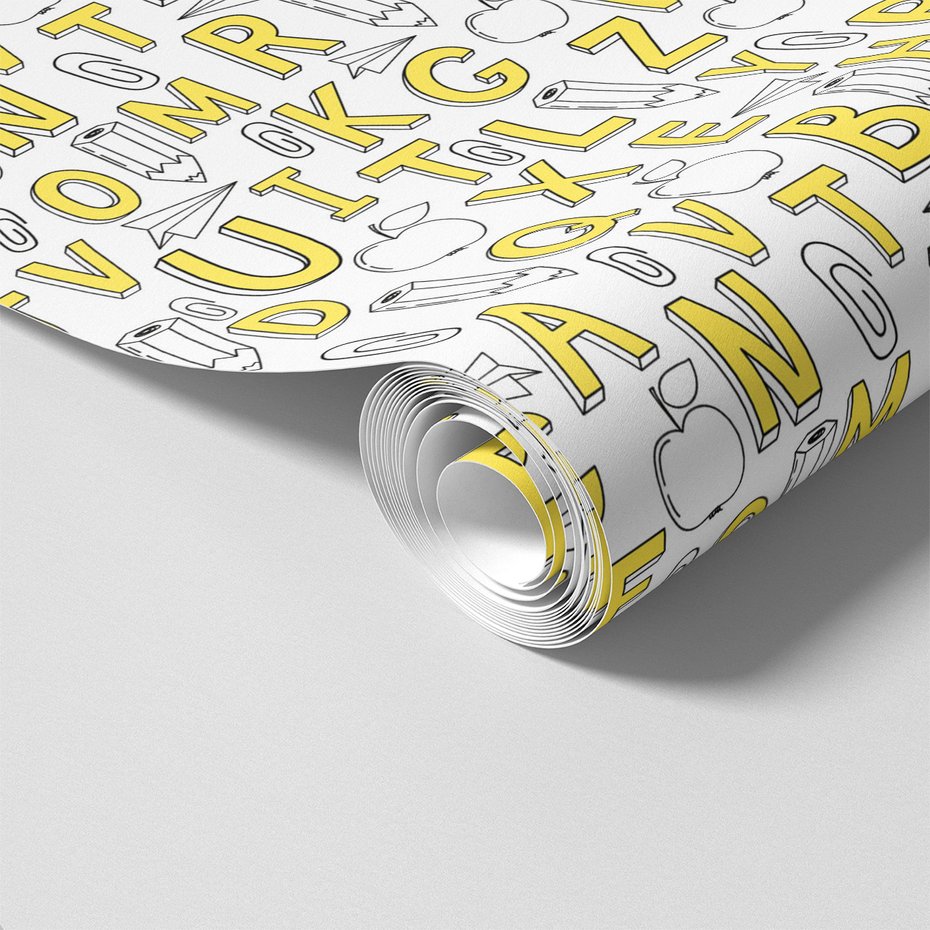 Tapeta - dziecięca, litery, ołówki, jabłka