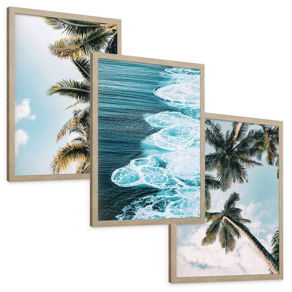 Zestaw obrazy w ramie, plakaty - palmy, morze, woda - rama drewno