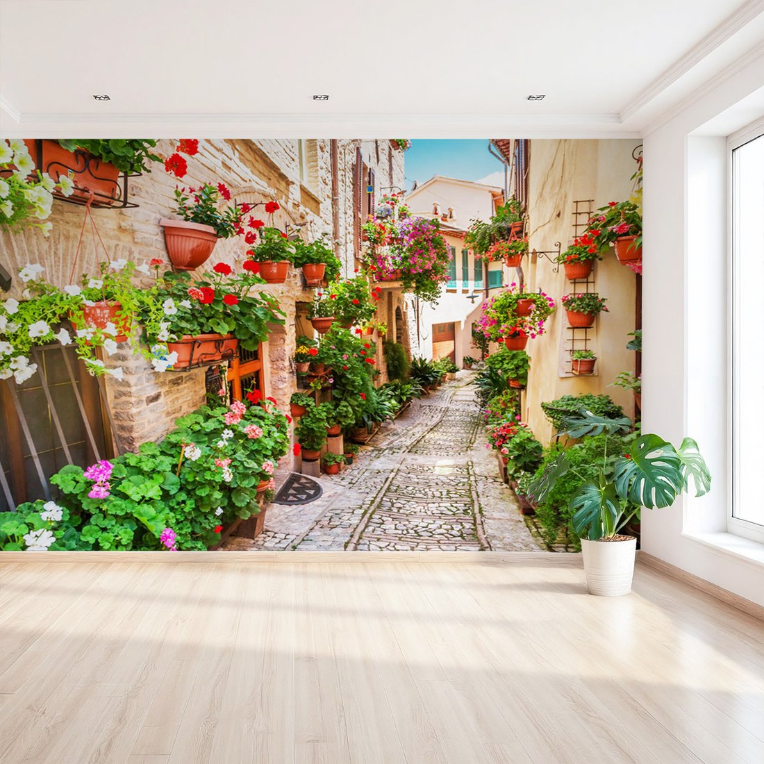 Fototapeta - kwiaty, uliczka, doniczki