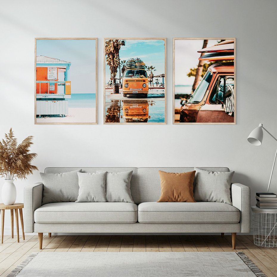 Zestaw obrazy w ramie, plakaty - plaża, wakacje, lato - rama drewno