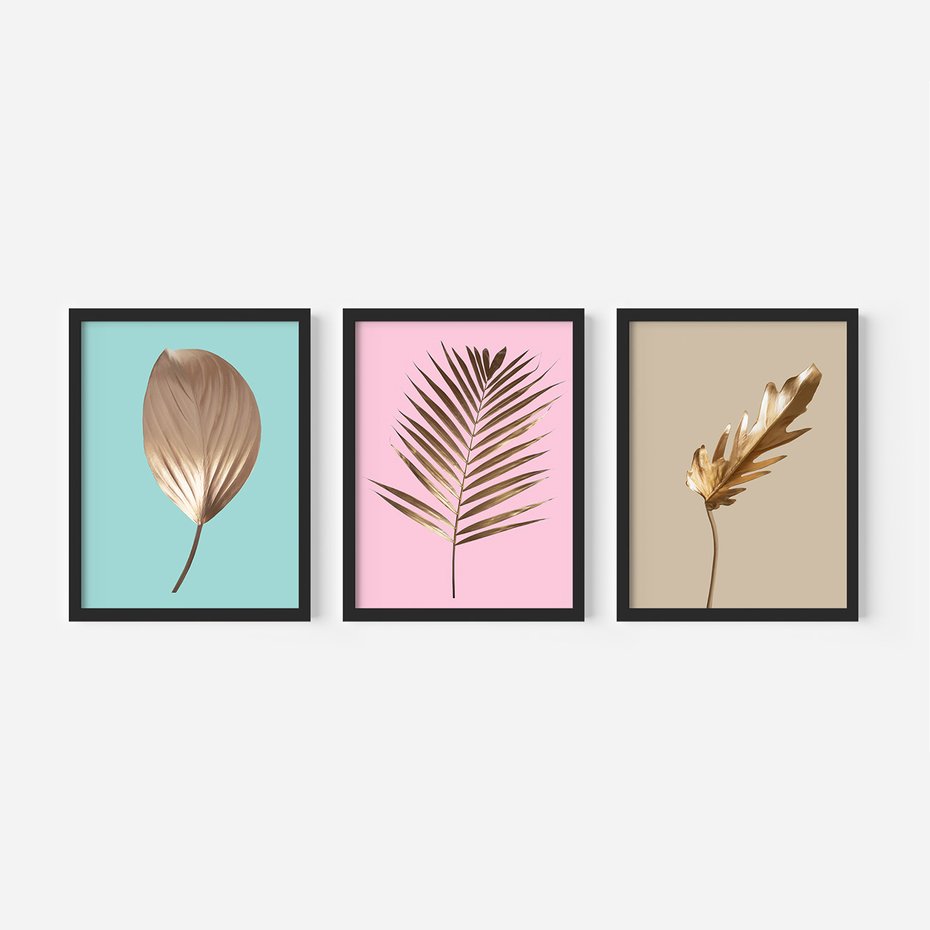 Zestaw obrazy w ramie, plakaty - liście, złoto, roślina - rama czarna