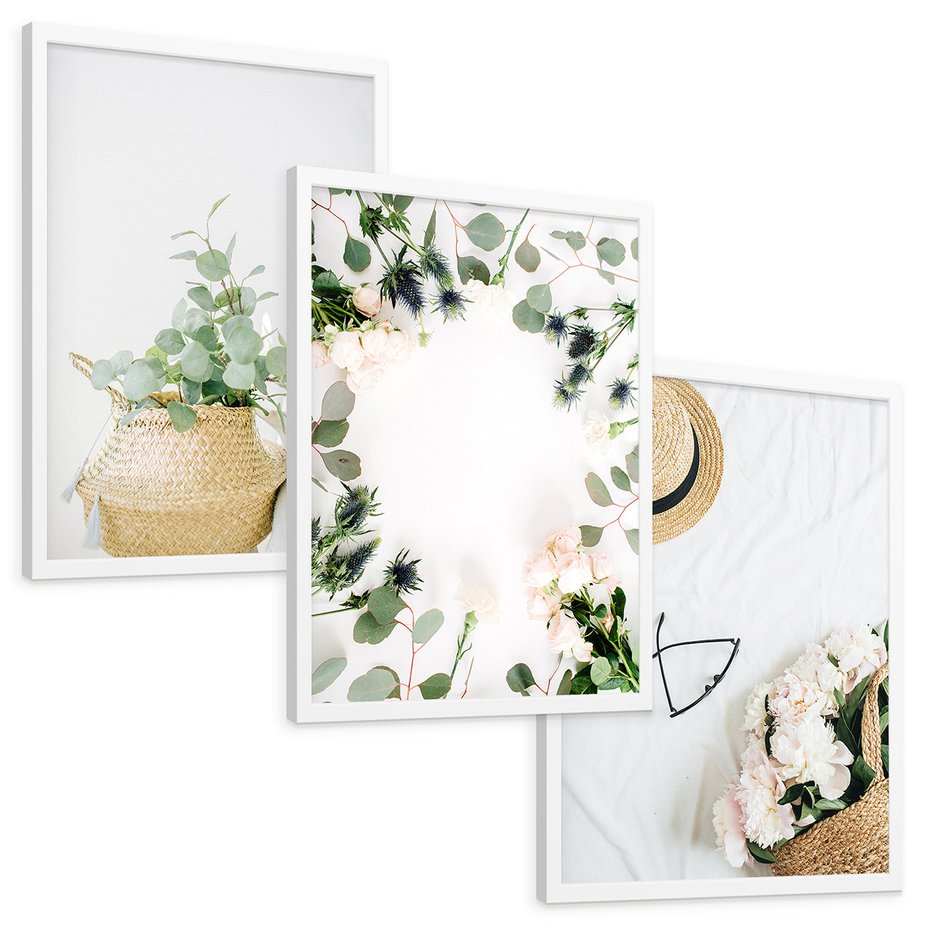 Zestaw obrazy w ramie, plakaty - kwiaty, liście, eukaliptus - rama biała