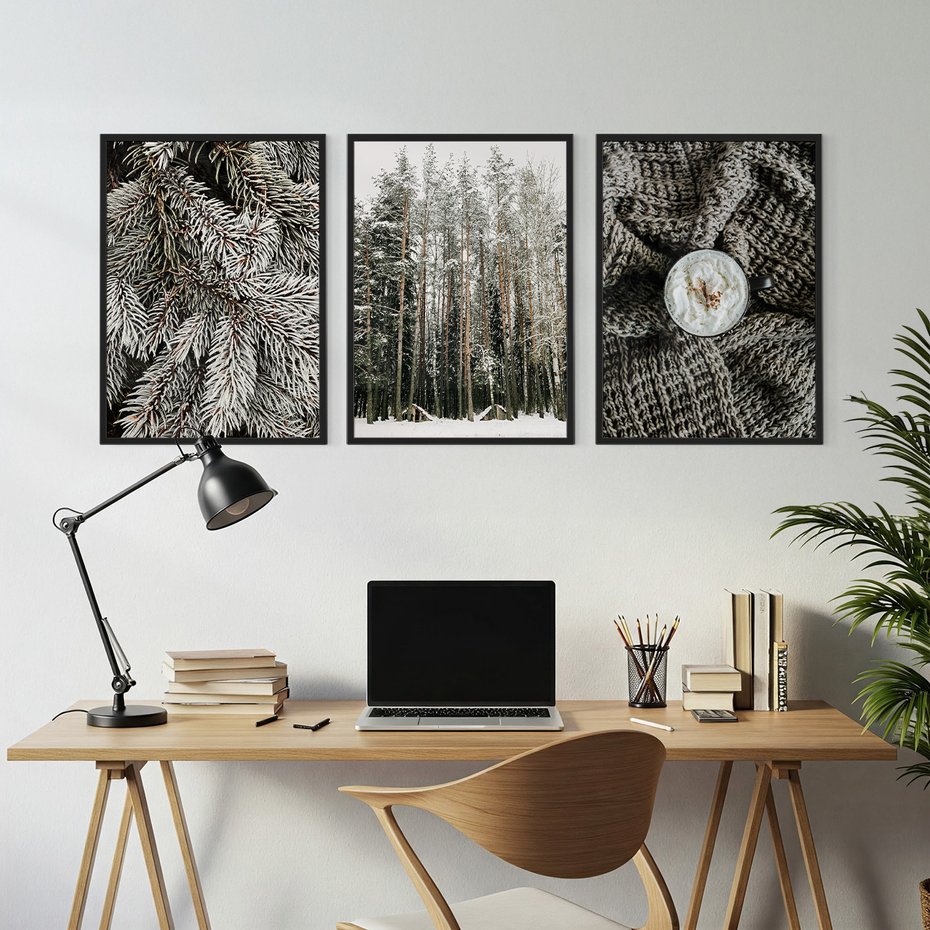 Zestaw obrazy w ramie, plakaty - zima, śnieg, las - rama czarna