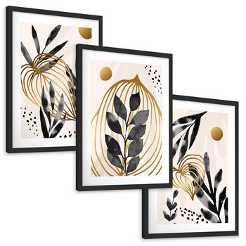 Zestaw obrazy w ramie, plakaty - liście, złoto, abstrakcja - rama czarna