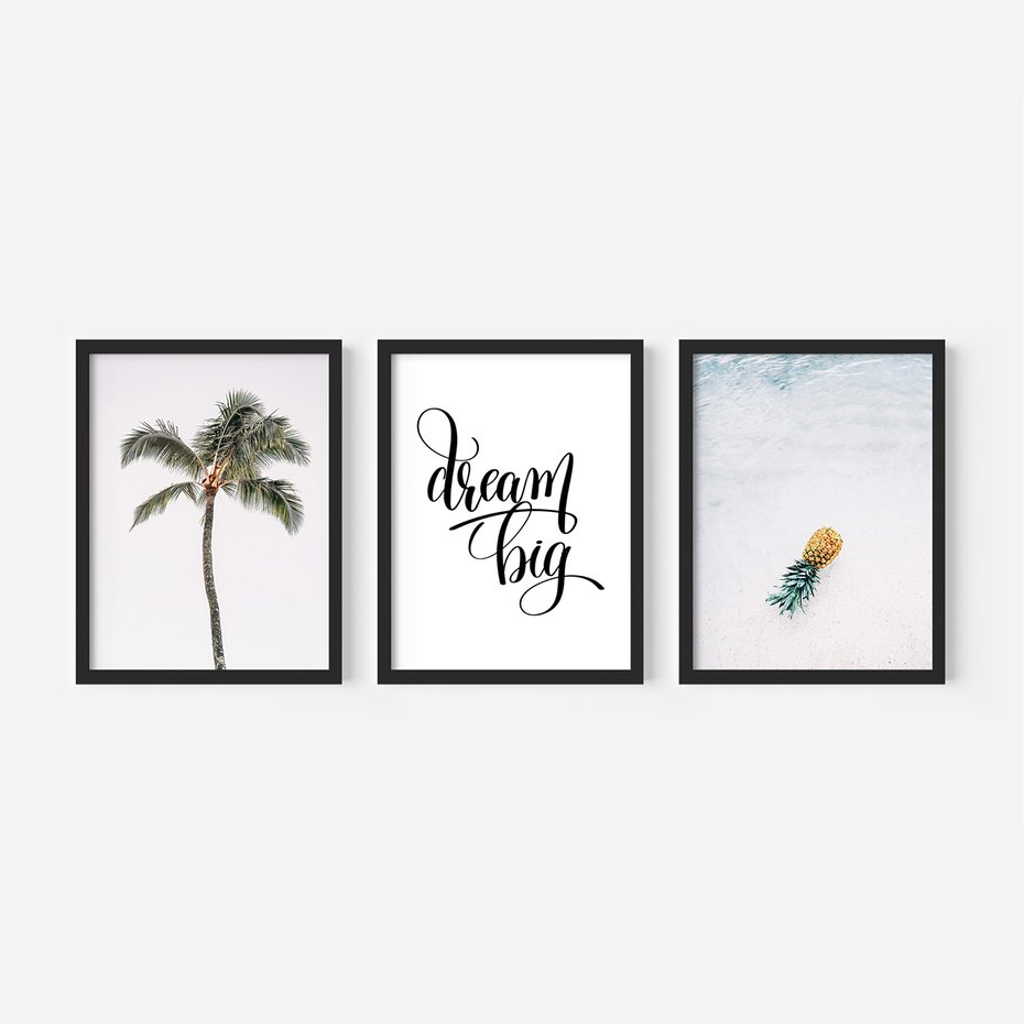 Zestaw obrazy w ramie, plakaty - palma, ananas, tropikalny - rama czarna