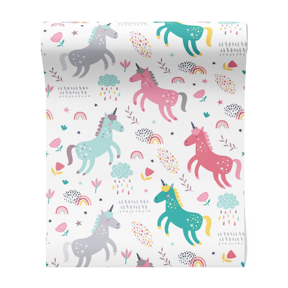 Tapeta - dziecięca, jednorożce, tęcza, chmury
