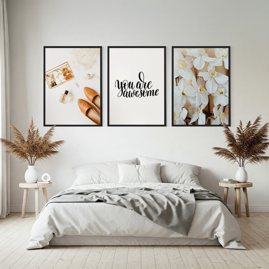 Zestaw obrazy w ramie, plakaty - kwiaty, akcesoria, buty - rama czarna