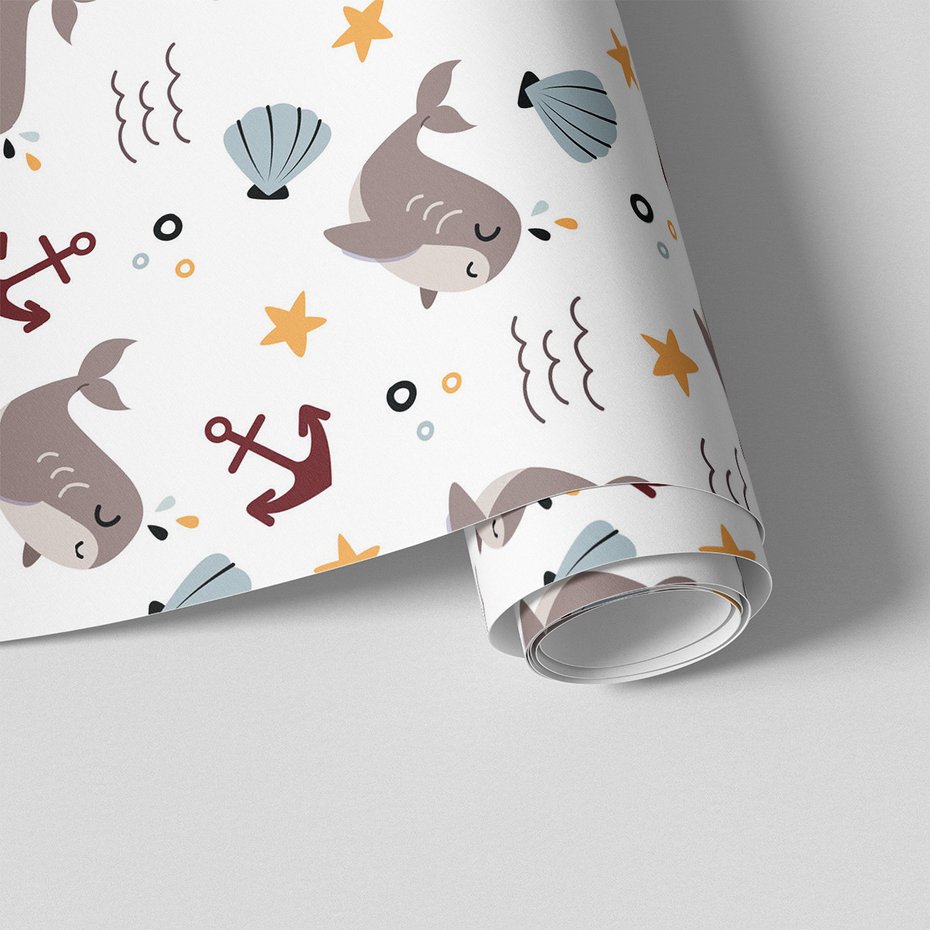 Tapeta - dziecięca, wieloryb, kotwica, muszla
