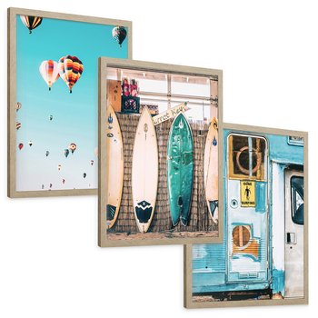 Zestaw obrazy w ramie, plakaty - podróże, plaża, wakacje - rama drewno