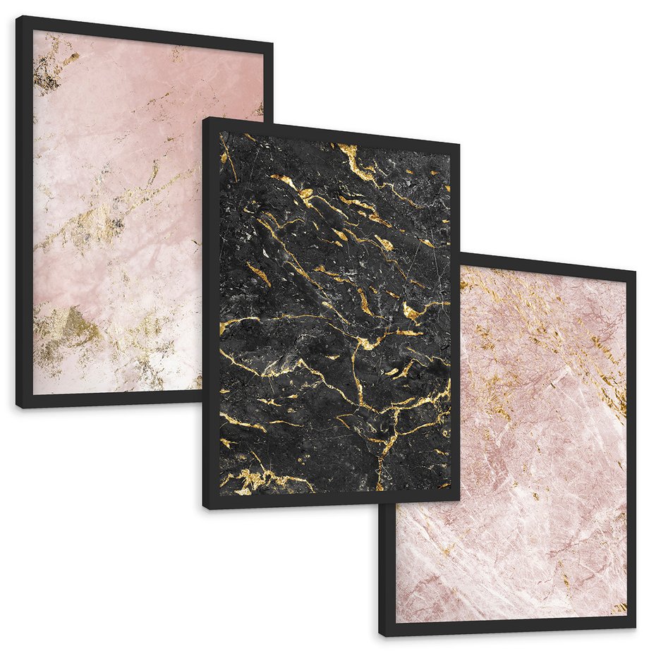Zestaw obrazy w ramie, plakaty - marmur, tekstura, złoto - rama czarna