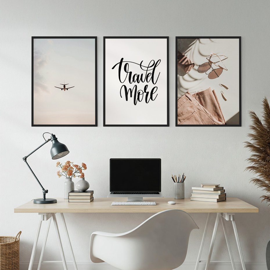 Zestaw obrazy w ramie, plakaty - podróże,wakacje,samolot - rama czarna
