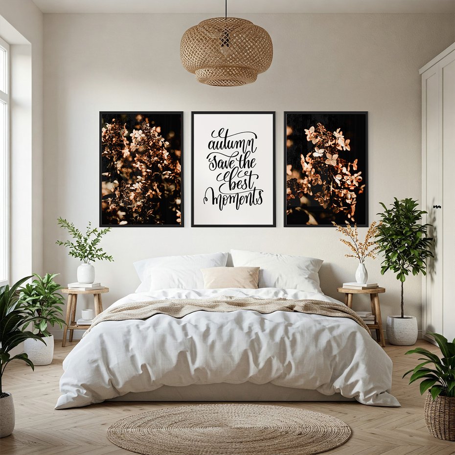 Zestaw obrazy w ramie, plakaty - kwiaty, jesień, dekoracja - rama czarna