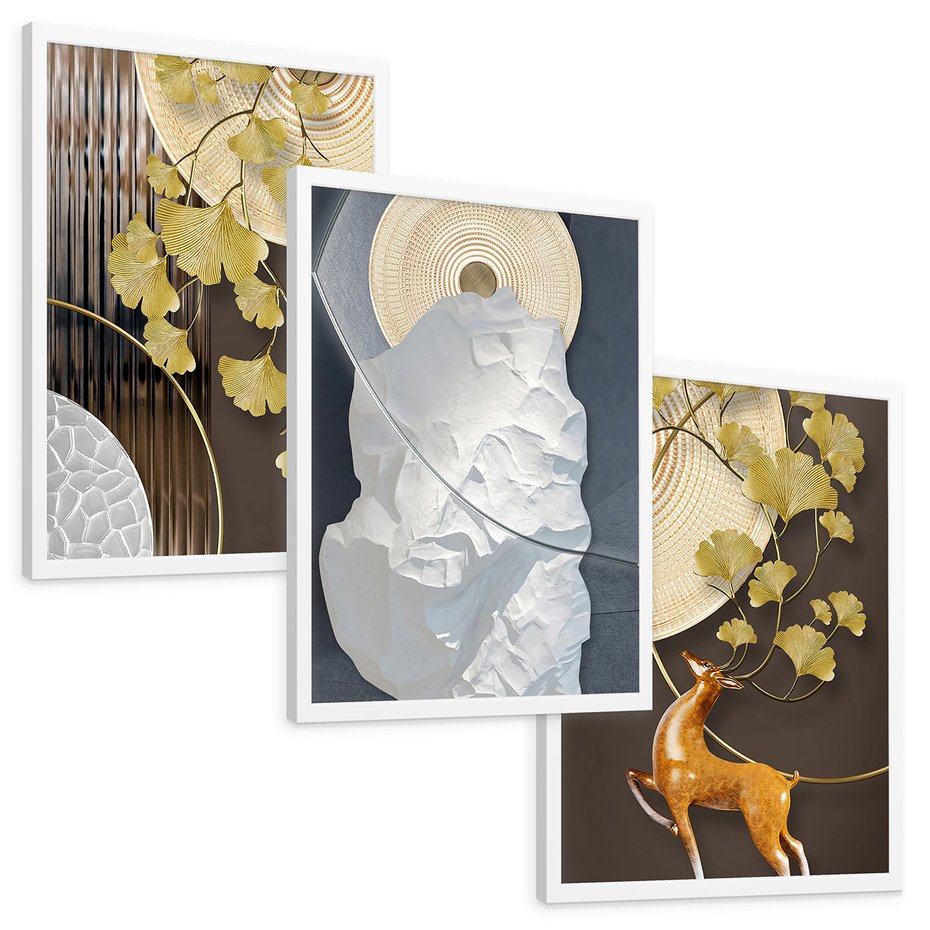 Zestaw obrazy w ramie, plakaty - złoty, liście, abstrakcja - rama biała