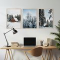 Zestaw obrazy w ramie, plakaty - zima, śnieg, drzewa - rama drewno
