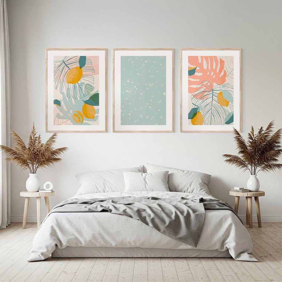 Zestaw obrazy w ramie, plakaty - liście, cytryny, abstrakcja - rama drewno