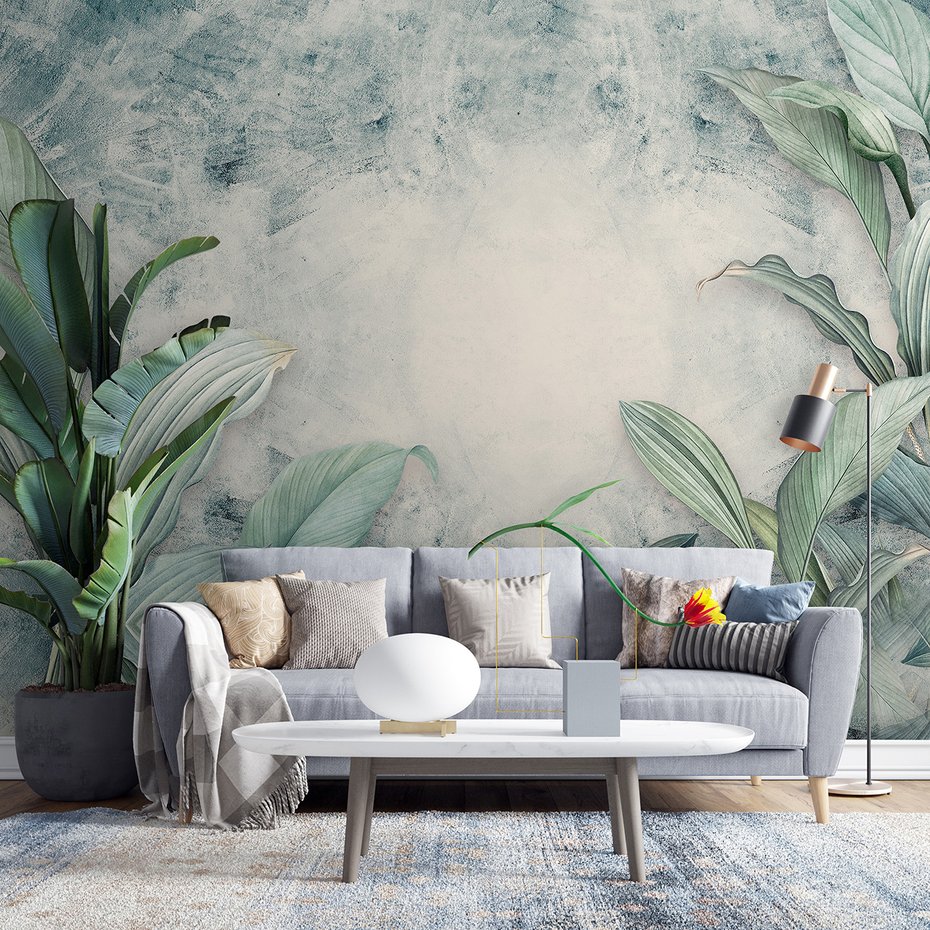 Fototapeta - tropikalne, liście, beton
