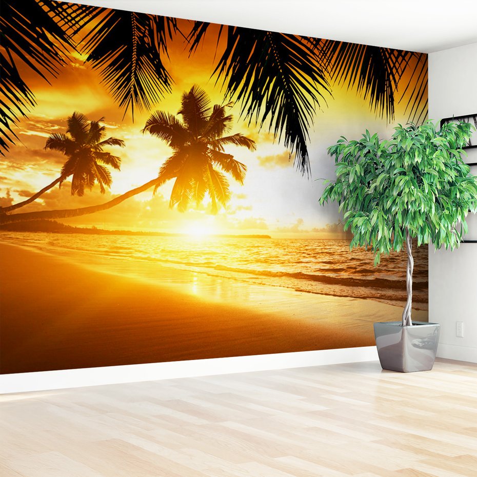 Fototapeta - plaża, palmy, zachód słońca