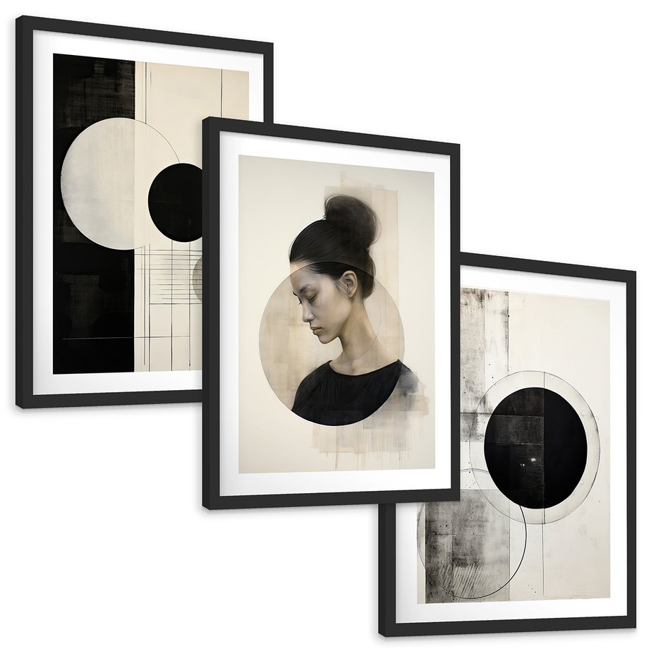 Zestaw obrazy w ramie, plakaty - abstrakcja,portret,geometria - rama czarna