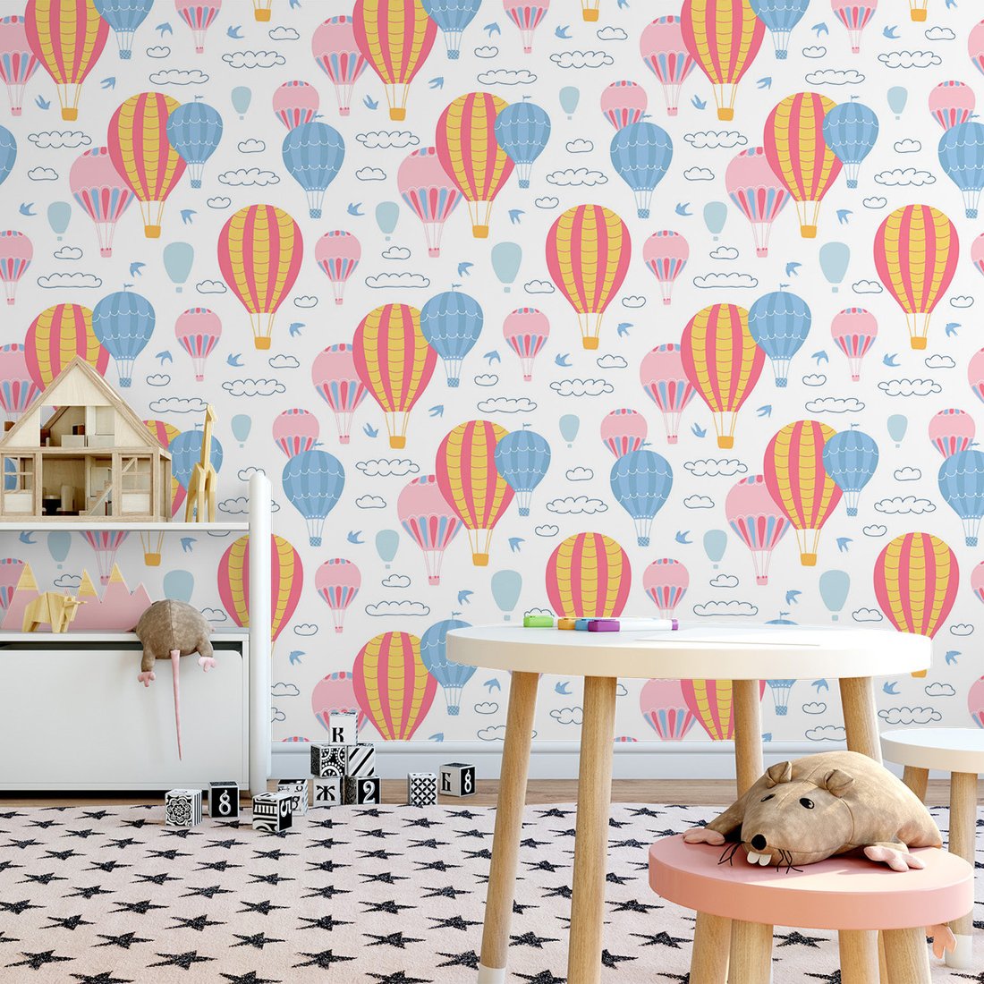 Tapeta - dziecięca, balony, chmury, ptaki