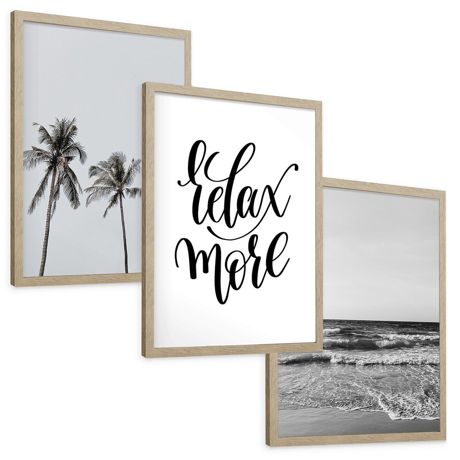 Zestaw obrazy w ramie, plakaty - palmy, morze, relax - rama drewno