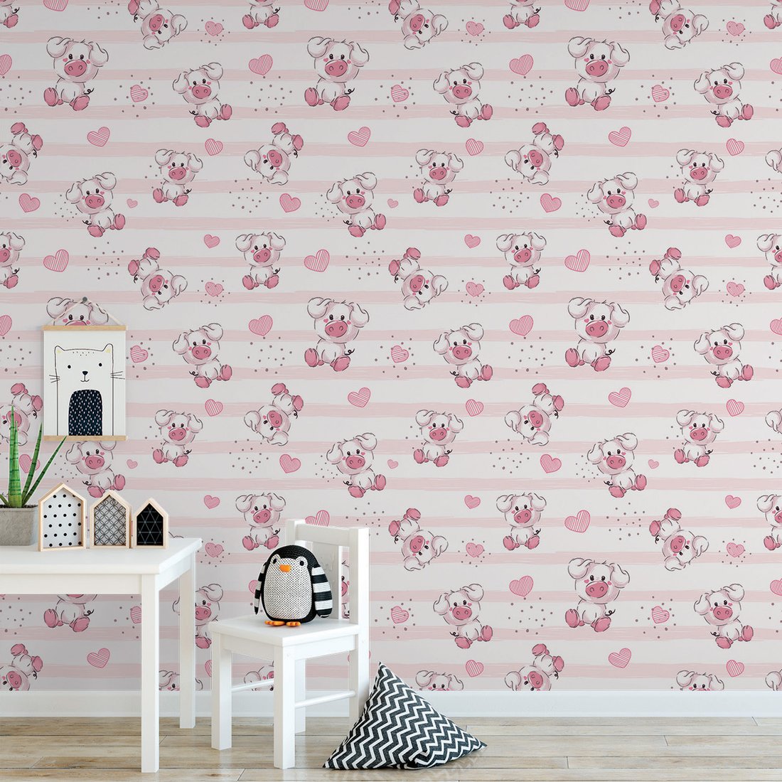 Tapeta - dziecięca, świnka, serca, kropki