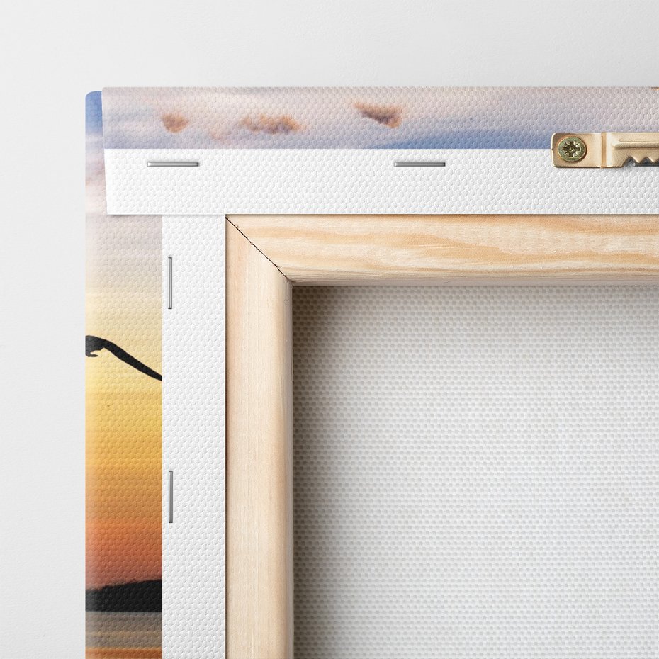 Obraz na płótnie - zachód słońca, ptaki, pomost