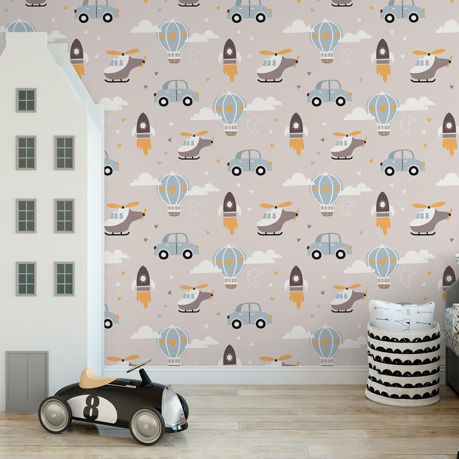 Tapeta - dziecięca, samochody, helikoptery, balony