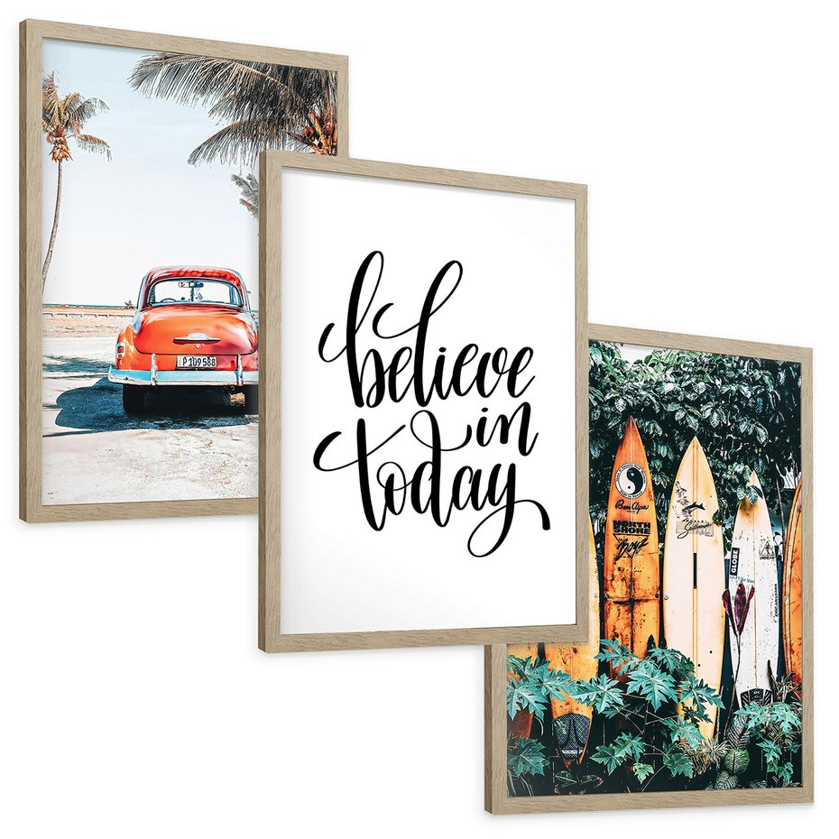 Zestaw obrazy w ramie, plakaty - palmy, samochód, deski surfingowe - rama drewno