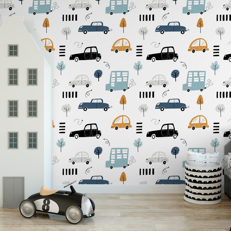 Tapeta - dziecięca, samochody, drzewa, pasy