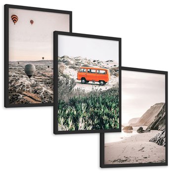 Zestaw obrazy w ramie, plakaty - balony, morze, plaża - rama czarna