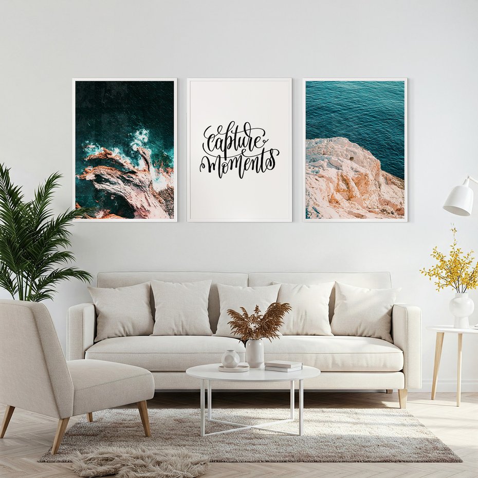 Zestaw obrazy w ramie, plakaty - morze, skały, ocean - rama biała