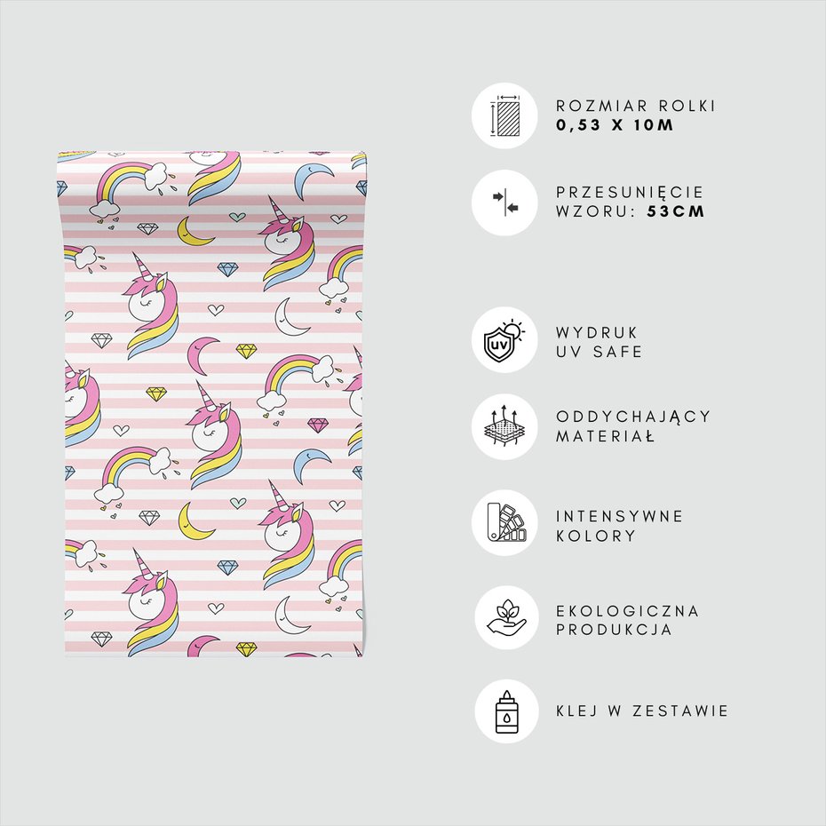 Tapeta - dziecięca, jednorożec, tęcza, diament