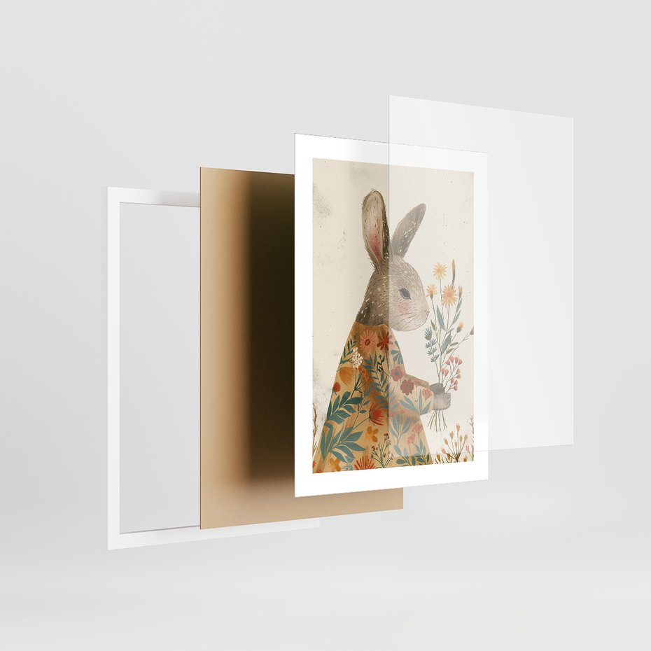 Zestaw obrazy w ramie, plakaty - króliki, dziewczynka, kwiaty - rama biała