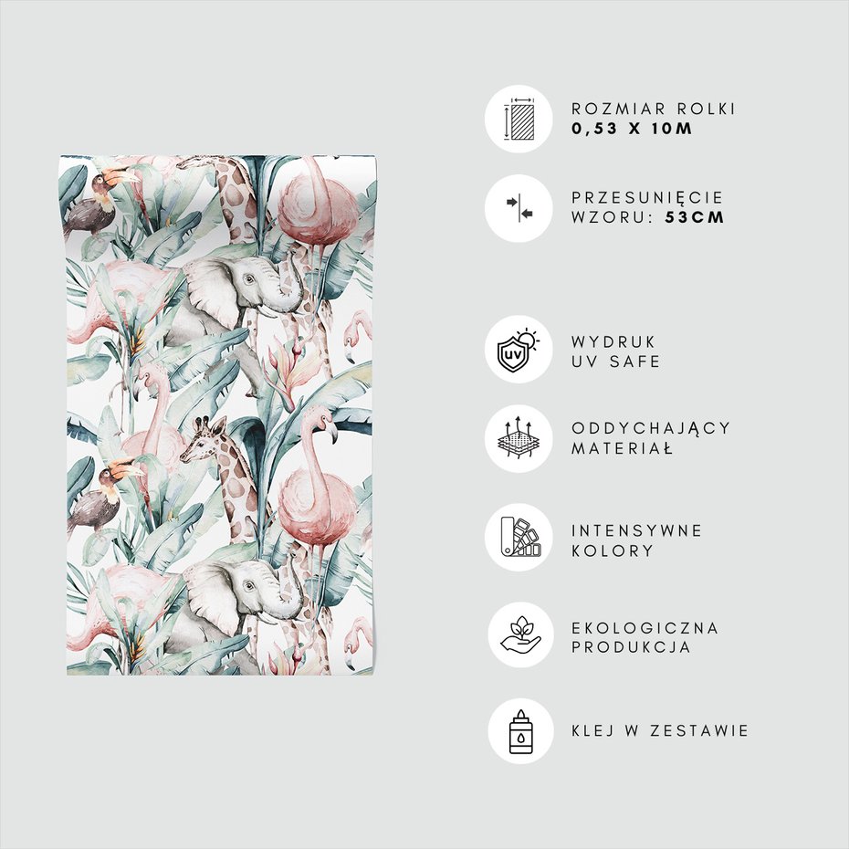 Tapeta - żyrafa, słoń, flaming,