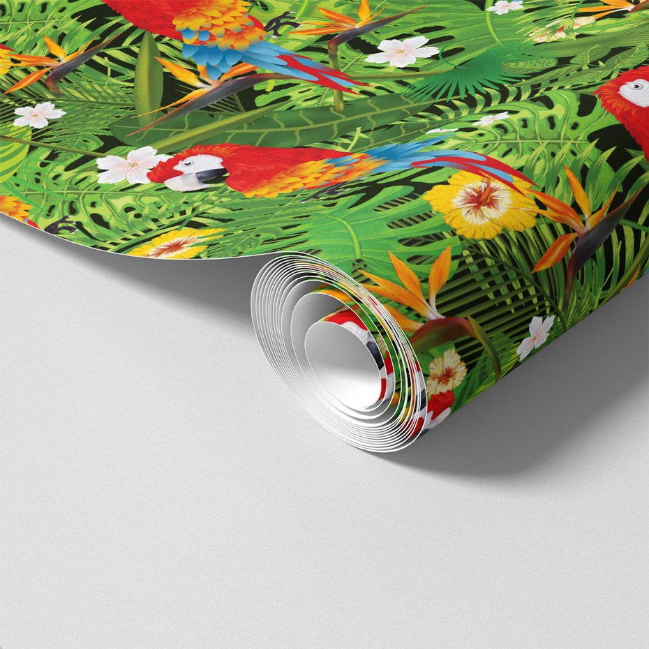 Tapeta - papuga, liście, kwiaty