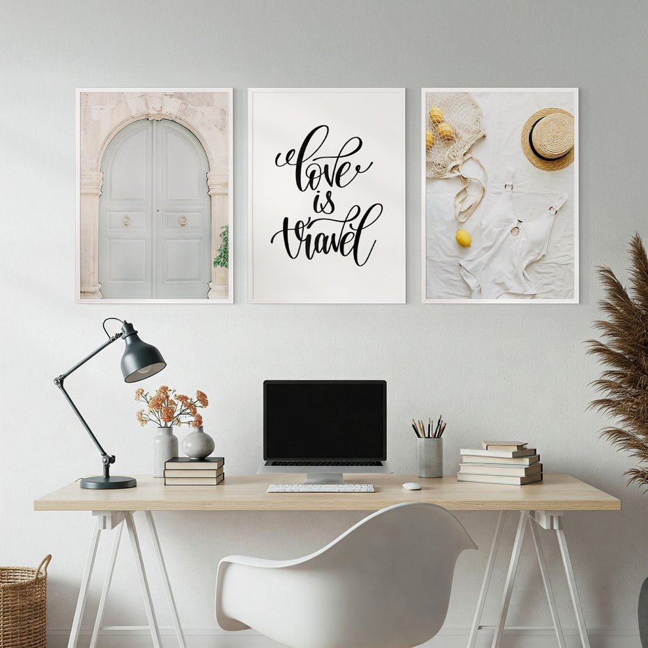 Zestaw obrazy w ramie, plakaty - podróż, cytryny, drzwi - rama biała