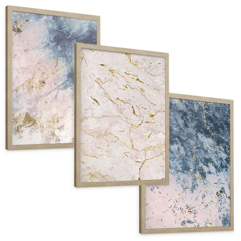 Zestaw obrazy w ramie, plakaty - marmur, złoto, abstrakcja - rama drewno