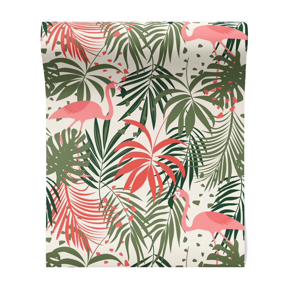 Tapeta - flamingo, liście, tropiki