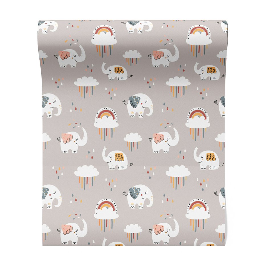 Tapeta - dziecięca, słonie, chmury, tęcza