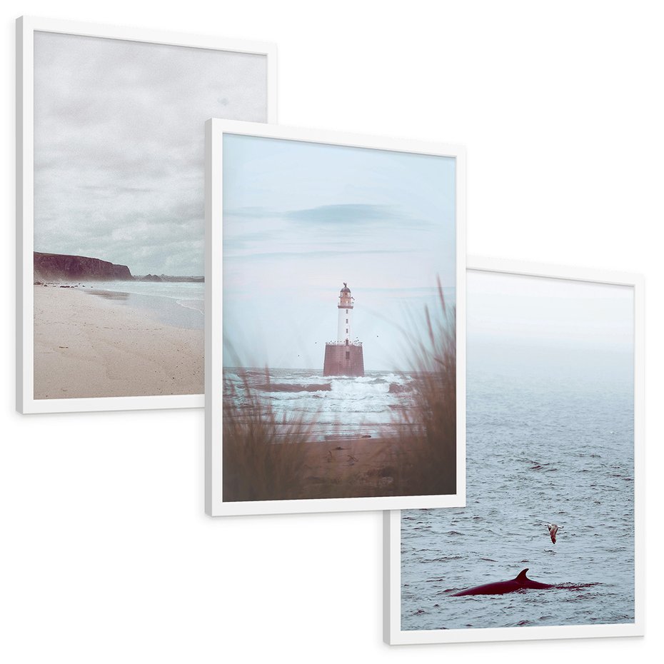 Zestaw obrazy w ramie, plakaty - morze, plaża, krajobraz - rama biała