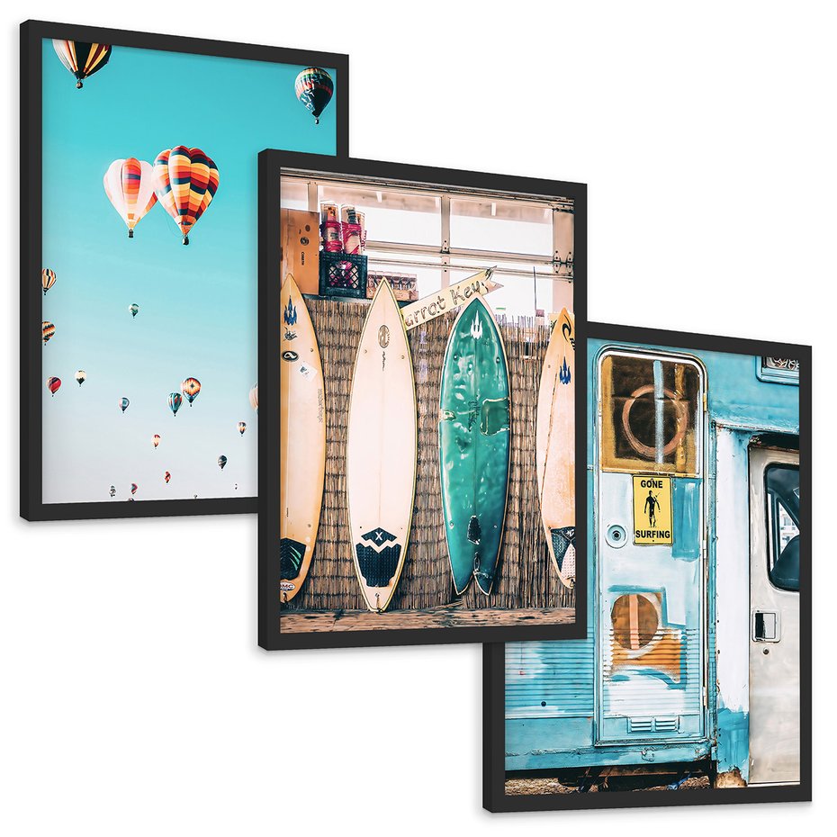 Zestaw obrazy w ramie, plakaty - podróże, plaża, wakacje - rama czarna